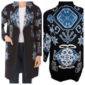 Sioni Unique Aztec/Tribal/Astrology Print Long Cardigan Sweater --‎ L